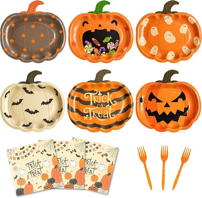 72Pcs Halloween Plates and Napkins, Pumpkin Party Tableware Set, Serves 24 - skull plate