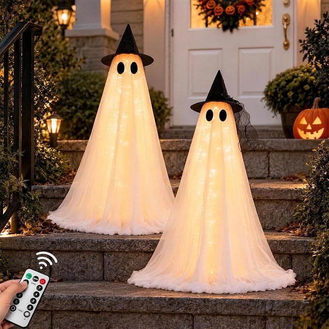 2 Pack 2.6ft Height-Adjustable Light up Ghost Halloween Decor with Timer