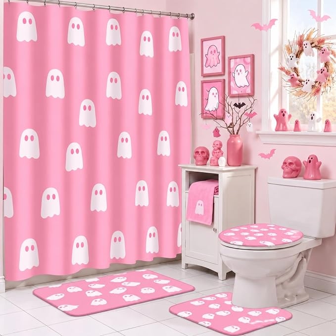 6 Pcs Halloween Pink Shower Curtain Set 72 x 72 in - skull toilet paper
