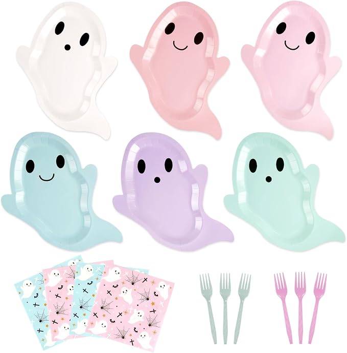 72 Pcs Halloween Plates and Napkins, Pastel Ghost Party Tableware Set - skull plate