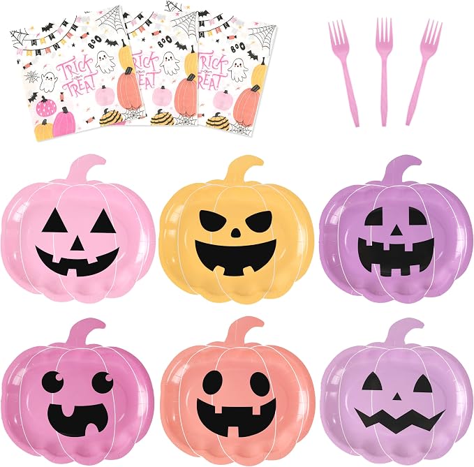 72 Pcs Halloween Plates and Napkins, Pastel Pumpkin Party Tableware Set - skull plate