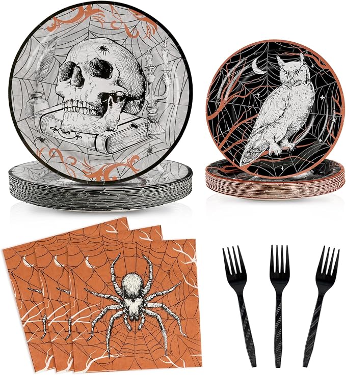 96 Pcs Halloween Plates and Napkins, Vintage Skull Party Tableware, for 24 - skull plate