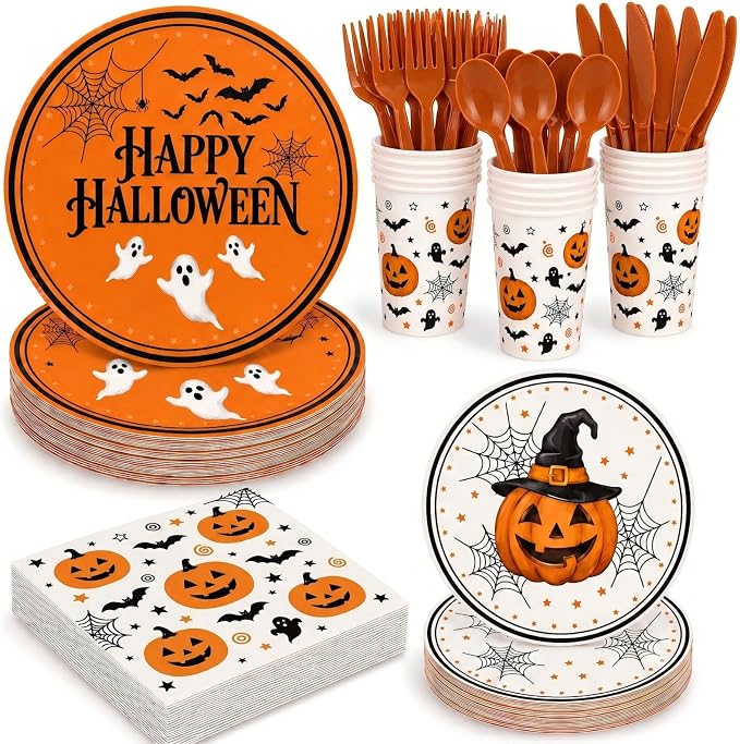 168 Pcs Halloween Disposable Tableware Serves 24 Pumpkin Ghost Bat - skull plate