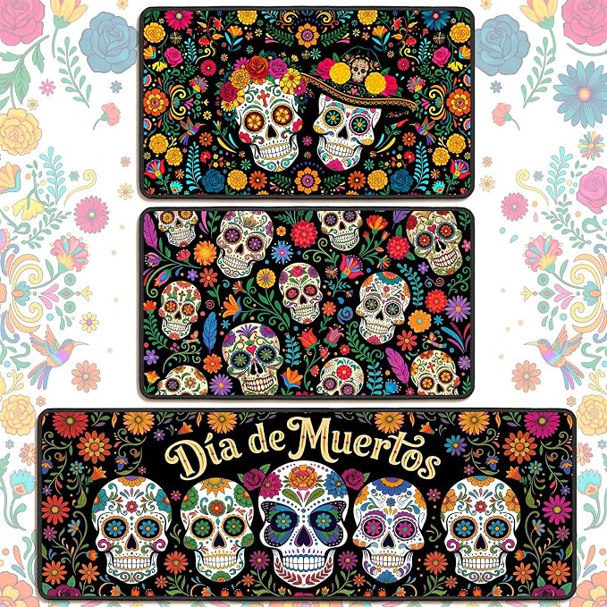 3 Pcs Day of The Dead Kitchen Rugs Skull Mat Set Mexican Decor - skull floor mat