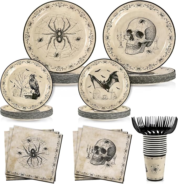 120Pcs Halloween Plates and Napkins, Vintage Gothic Party Tableware, for 24 - skull plate