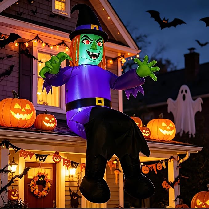 Onory 10FT Halloween Inflatable Window Witch with Build-in LED Decoration