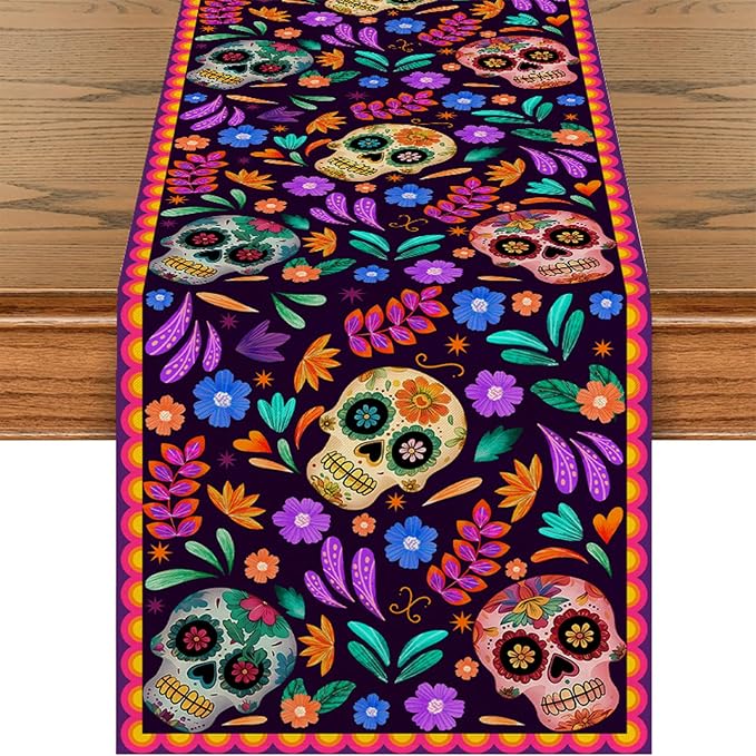 Mexican Sugar Skull Dia De Los Muertos Table Runner, Day of The Dead Altar Kitchen Dining Table Decoration for Home Party Decor，13x72inch - skull figurine