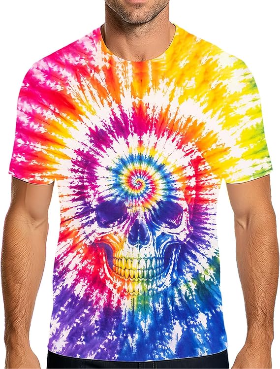 Men's Tie Dye T-Shirt Short Sleeve Crewneck Tee Hippie Tops for Men - skull tshirt
