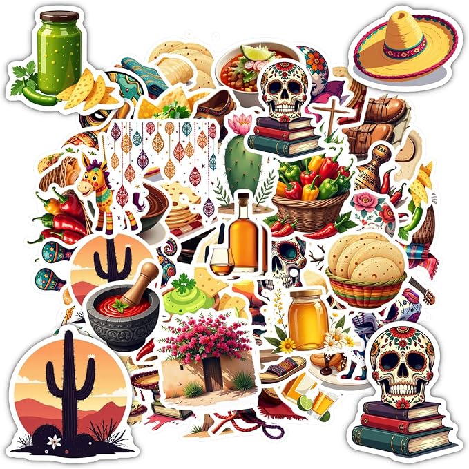 70Pcs Mexican Stickers Waterproof Vinyl Fiesta Decals Pack Cute Cinco de Mayo Day of the Dead Sugar Skull Taco Cactus Theme Sticker for Water Bottles Laptop Luggage Skateboard Kids Teens Adults - skull sticker