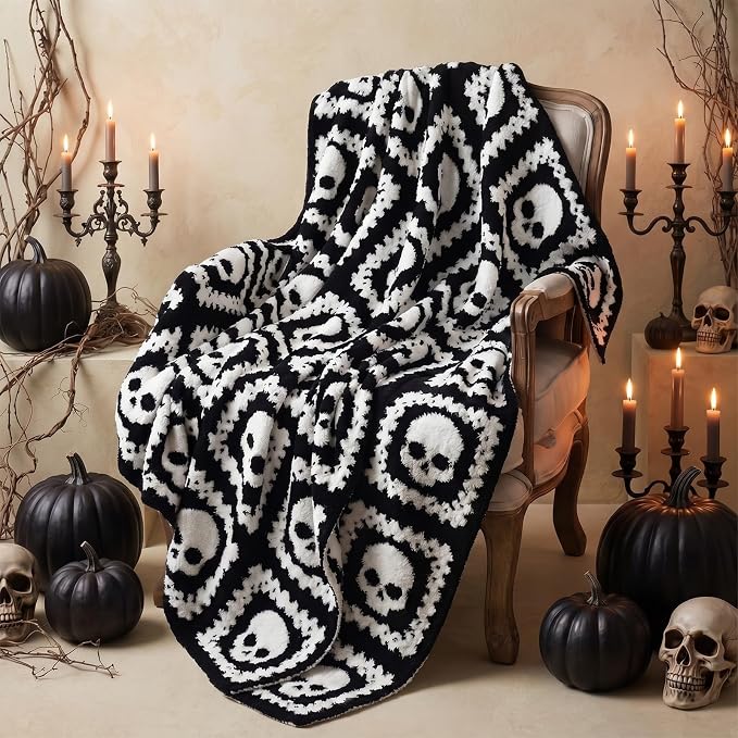 Halloween Halloween Gothic Skull Blanket Reversible Goth Knit Throw Blanket - skull blanket