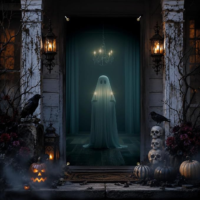 Halloween Door Banner 180x90cm Ghost Skull Bat Gothic Decor, Spooky Front Door Cover Porch Decoration Entryway Party Backdrop - skull lamp
