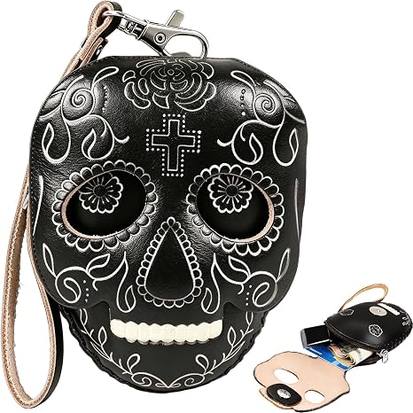 Sugar Skull Coin Purse, Day of the Dead Skull Wallet with Wrist Strap, Gothic Embossed Faux Leather Mini Pouch for Women, Small Zippered Change Purse for Keys, Cash, Cards - sugar skull handbags for sale