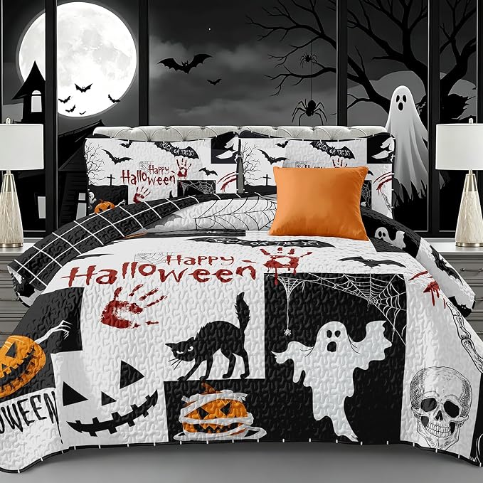 WONGS BEDDING Halloween Quilts King Size, Black Cat Pumpkin Skull Bedspread
