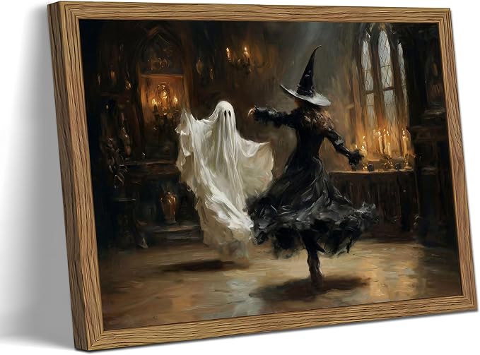 Framed Halloween Witch Wall Art – Witch Dancing with Ghost Canvas Print, Vintage Gothic Dark Academia Halloween Wall Decor for Bedroom Living Room, 16x24in Wood Frame