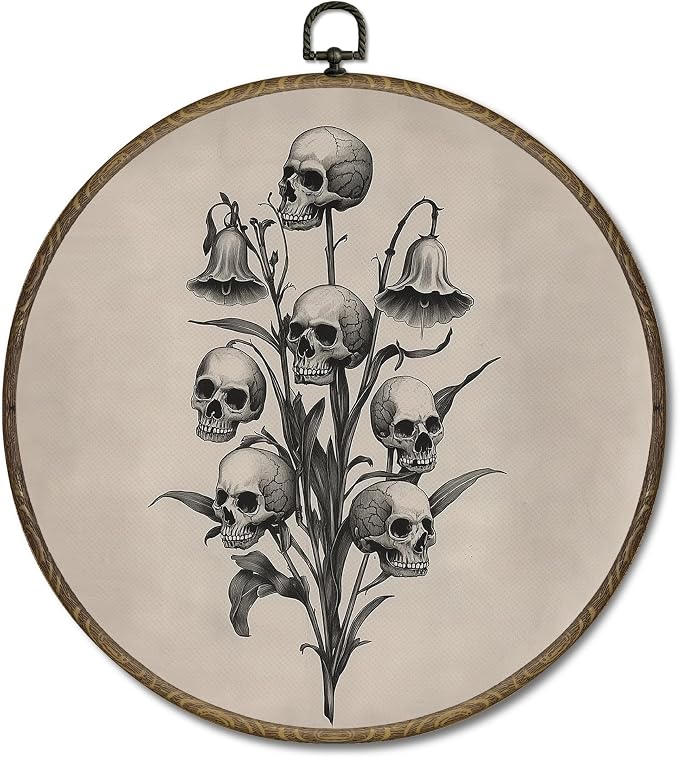 OINDADE Gothic Skull Round Wall Art Decor, Dark Academia Skeleton Halloween Wall Art Hanging Decor, Moody Spooky Goth Skull Flowers Framed Canvas Artwork for Home Living Room Bedroom, 10x10in