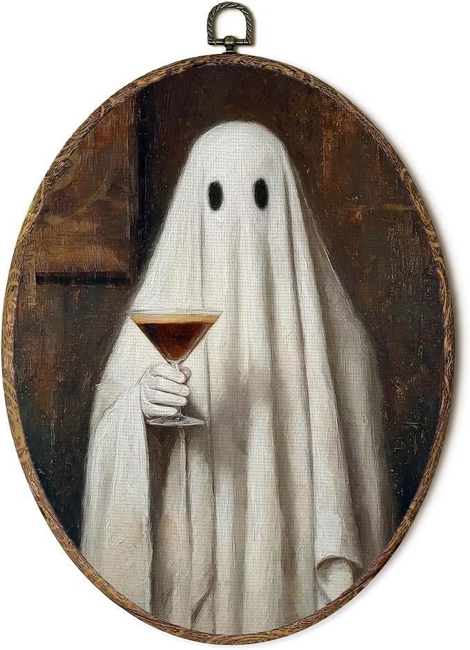 OINDADE Halloween Ghost Espresso Martini Oval Wall Art Decor, Fall Spooky Ghost Bar Wall Art Hanging Decor, Halloween Fall Cocktail Framed Canvas Artwork for Home Bar Kitchen Living Room, 8.8x11.5in - skull wall art