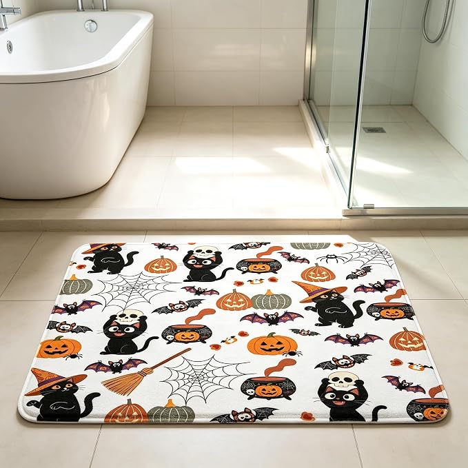 Halloween Spooky Bath Mat, Black Cat Pumpkin Skeleton Bat Rug 17.7×29.5IN