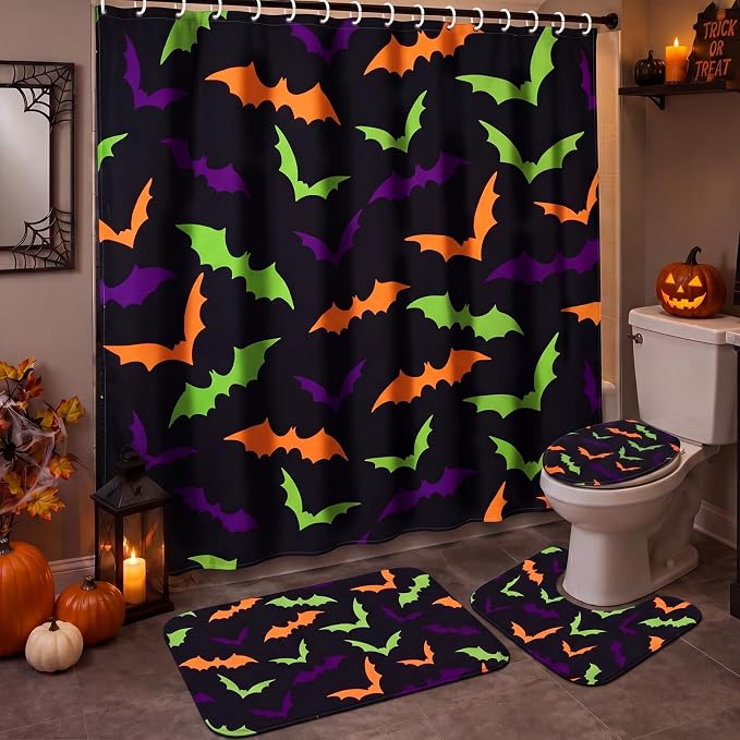 Fanfanwin 4 Pcs Halloween Bat Shower Curtain Set for Bathroom - skull toilet mat