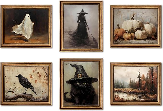 ZYANGZY Vintage Halloween Poster Set of 6, Dark Academia Ghost Wall Art Painting Crow Pumpkin Wall Decor Gothic Wizard Canvas Picture Prints for Farmhouse Mantel Living Room 8×10 inch Unframed