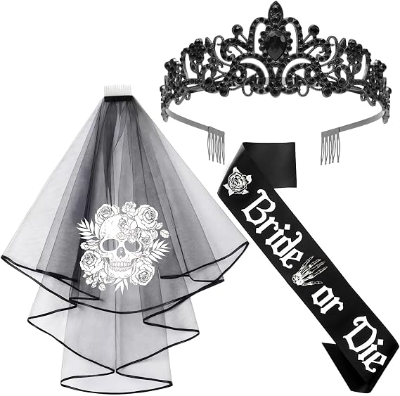 3 PCS Bride or Die Bachelorette Party Decorations Black Tiara - sugar skull costume
