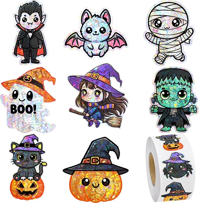 Ceiba Tree Halloween Stickers for Kids Glitter Holographic Stickers 1 Roll 500PCS Pumpkin Decorating Stickers Decor Decorations Crafts Cards Envelope Gift Scrapbooks Party Favors Ghost Bat Spider - skull sticker