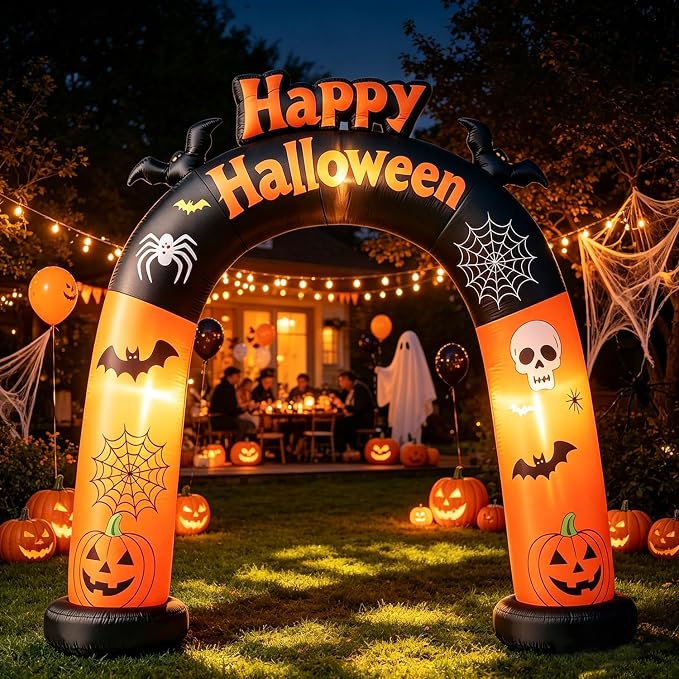 DomKom 8FT Long Halloween Inflatable Archway, Happy Halloween Blow Up Arch with Built-in LED Lights, Pumpkin, Skull, Bat Decor, Outdoor Inflatable Yard Lawn Garden Halloween Party Decorations - skull inflatable