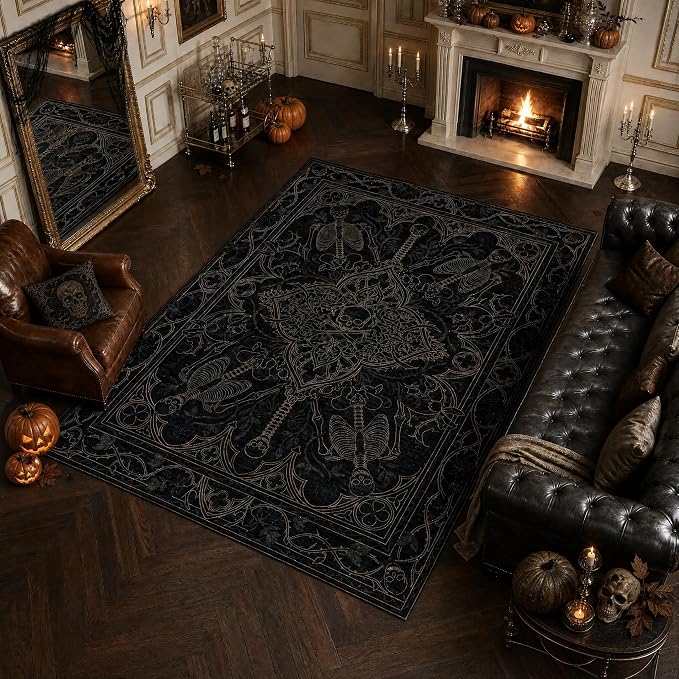 5×7 Black and Gold Gothic Vintage Skeleton Skull Living Room Rug