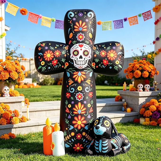 DomKom 6 FT Halloween Inflatable Outdoor Decorations, Day of the Dead Cross Blow Up with Skeleton Dog & Candles, Built-in LED Lights, Día de Los Muertos Yard Decoration for Lawn, Garden, Porch - skull inflatable