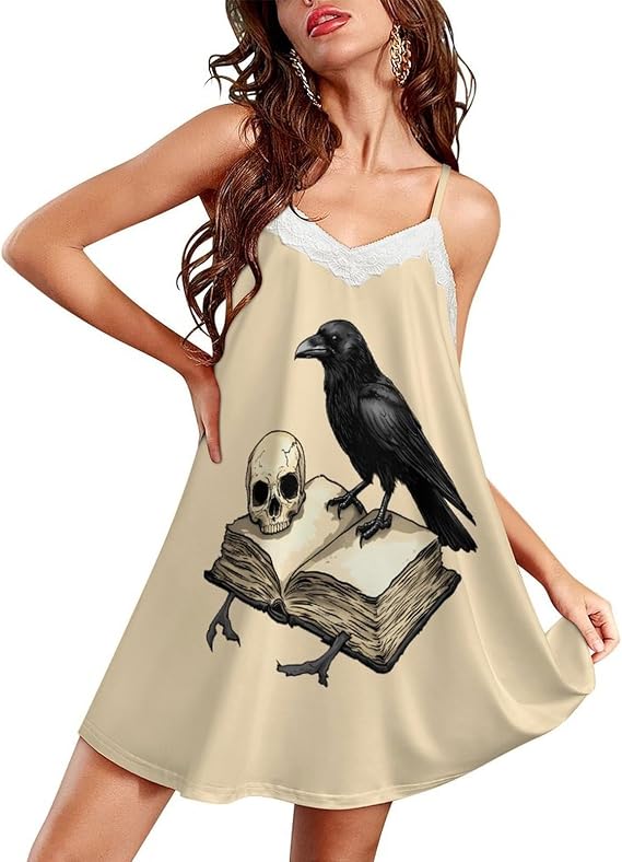 Raven Book Skull Womens Lace Nightgowns Sexy Spaghetti Strap Cami Sleeveless Sleepwear Sleep Dress - skull pajamas