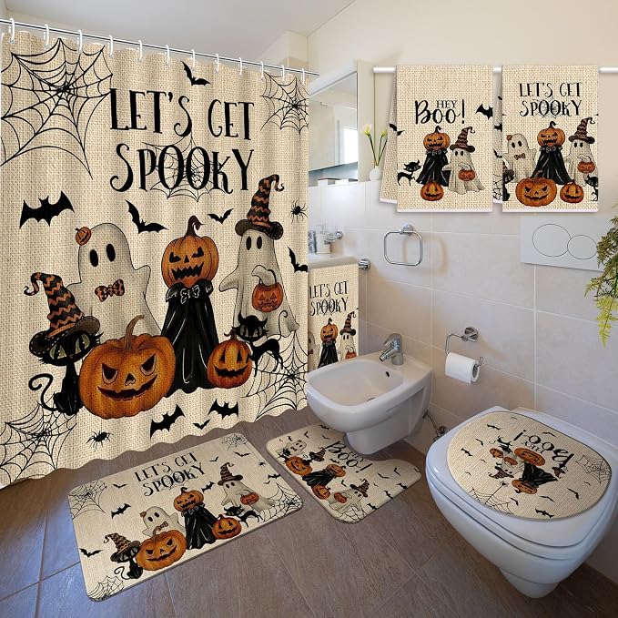 Nuanchu 6 Pcs Halloween Shower Curtain Set with Rug Spooky Bathroom Sets - skull toilet mat
