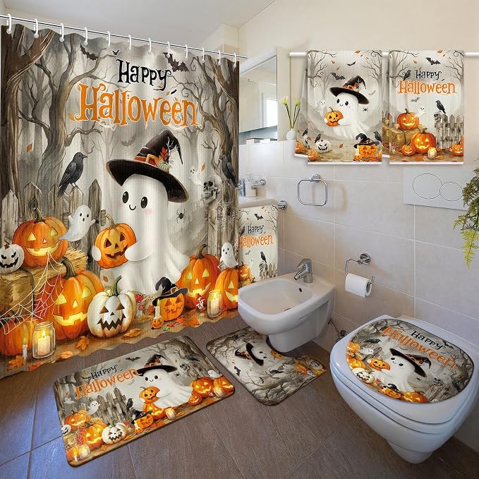 Nuanchu 6 Pcs Halloween Shower Curtain Set with Rug Cute Ghost Bathroom Set - skull toilet mat