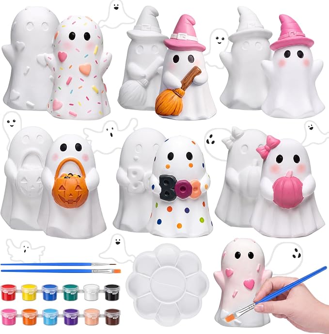 Poen 6 Sets Halloween Ghost Ready to Paint Your Own Gnome Statues - skull painting