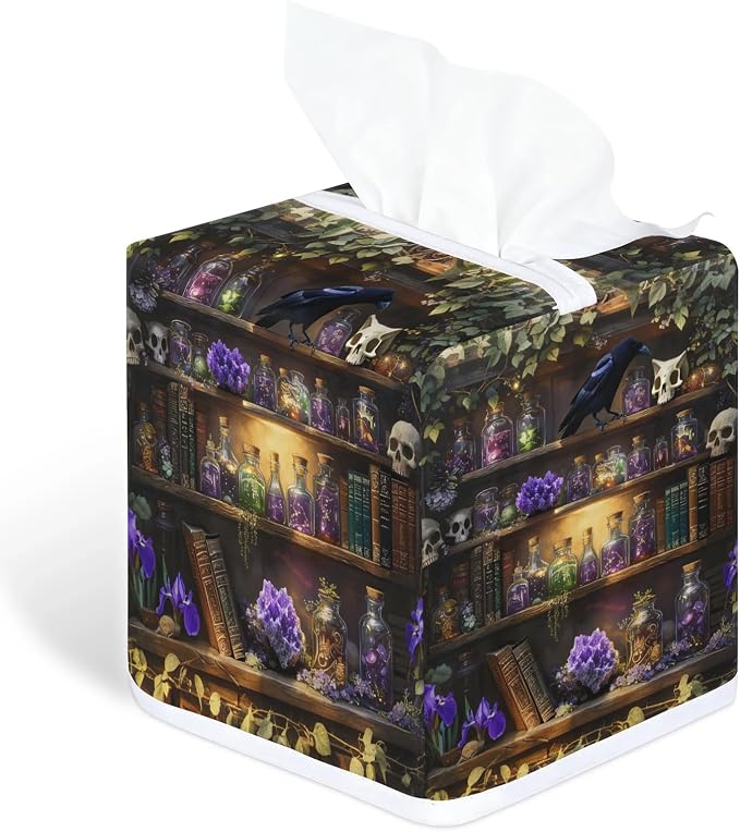 Gothic Skull Purple Floral Bookshelf Tissue Box Cover Holder Square Tissue Box Holder with Belt Bottom Facial Paper Organizer for Bathroom Kitchen Home Office Car - skull toilet paper