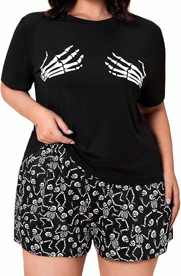 Laqeyko Cute Pajamas for Women Set Short Sleeve Tops and Shorts for Holiday - skull pajamas