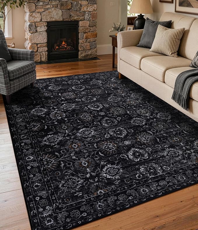 Black 5×7 Area Rugs for Living Room Washable, Distressed Vintage Gothic Rug for Bedroom Entryway Non Slip Low Pile, Dark Floral Soft Carpet for Playroom Home Office Decor