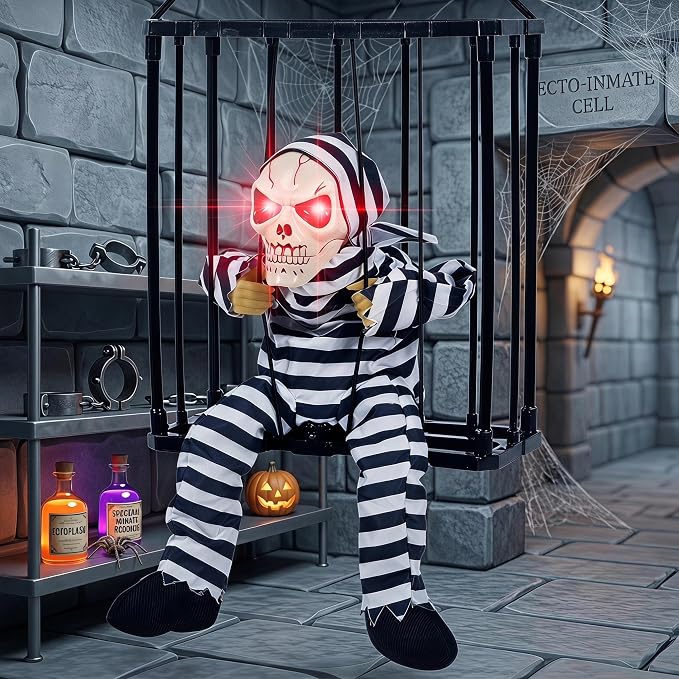 Halloween Decor with Sensor, Scary Skeleton in Cage for Haunted House - skeleton