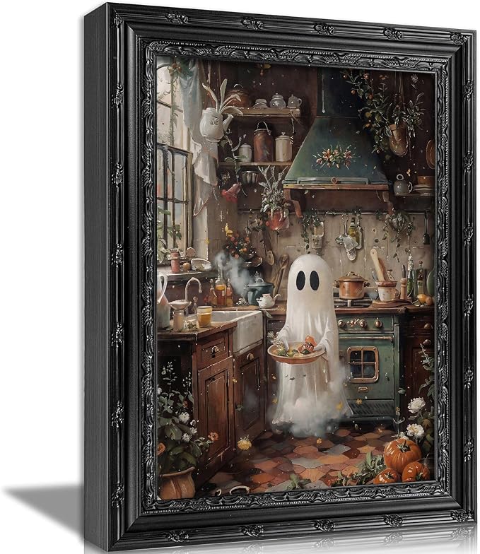 Devunaty Framed Halloween Ghost Kitchen Wall Art, Vintage Gothic Painting Canvas Print, Cute Spooky Ghost Chef in Rustic Kitchen Decor, Dark Academia Artwork for Fall, Halloween Wall Decor 9×11 Inch