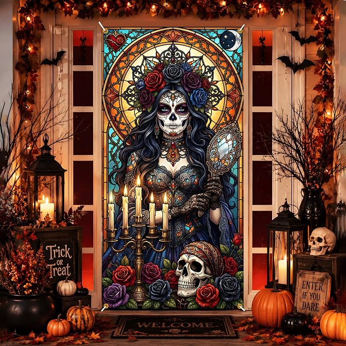 Halloween Day of the Dead Door Cover 35.4 x 70.9 Inches, Stained Glass Style Sugar Skull Woman Rose Door Banner, Gothic Front Door Decoration for Dia de los Muertos Party(Sugar Skull, 35.4x70.9inch) - skull candle
