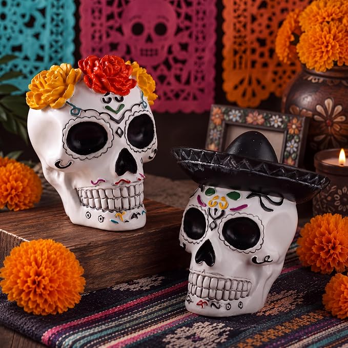 Colingmill 2 Pcs Day of the Dead Sugar Skull Resin Figurine 4.3", Couple - skull figurine