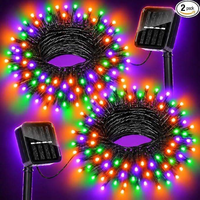 Halloween Lights Outdoor Solar String Lights Waterproof for Halloween Decorations, Total 100LED 45FT for Garden Yard Pathway Fence, Orange Purple Green 8 Modes 50LED x 2 Packs - string light