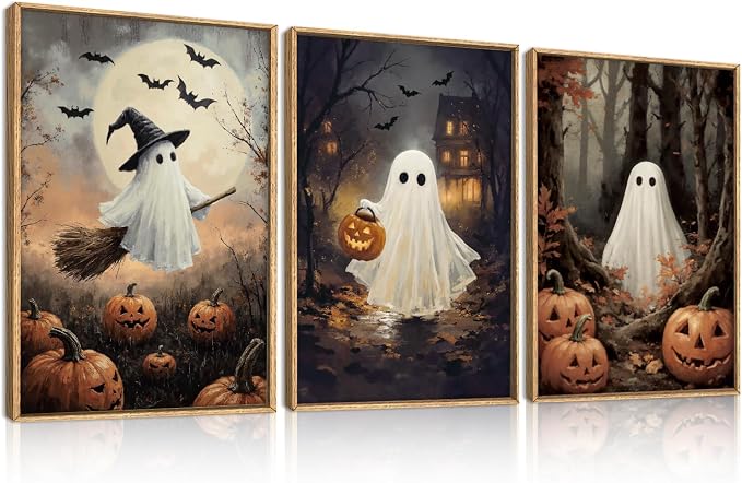 Aurlan Large Vintage Halloween Ghost Framed Canvas Wall Art Set-16"x24"x3 - skull wall art