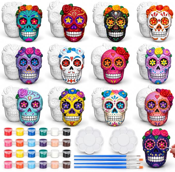 Eersida 12 Set Halloween Skull Ceramic Figure DIY Sugar Skull Kit Unpainted - skull figurine
