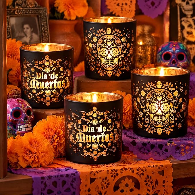 Qinyoung 4 Pcs Day of the Dead Dia De Los Muertos Candle Holder Decoration - skull candle