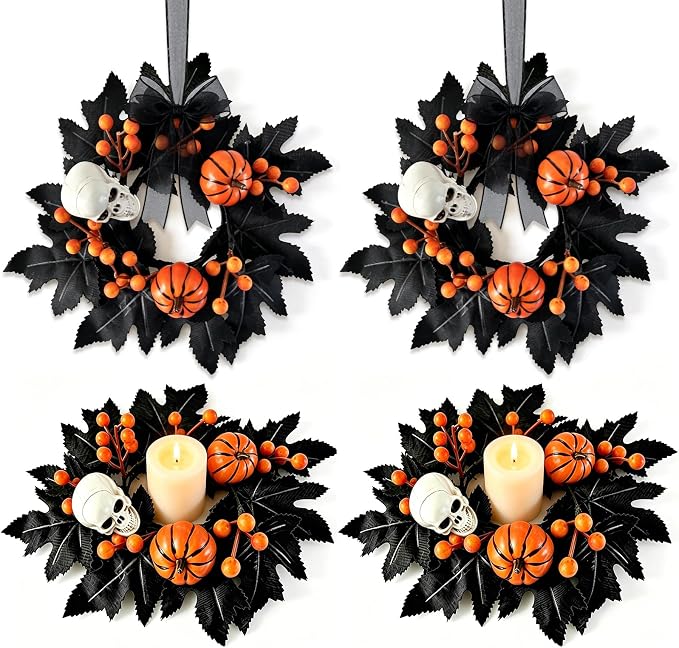 4 PCS Halloween Candle Rings Skeleton Maple Leaves Front Door Wreath - skull candle