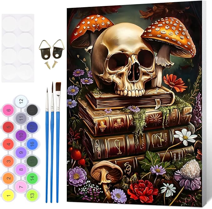 HEIBAGO Halloween Framed Paint by Numbers Kit for Adults,Gothic Adults’ Paint-By-Number Kits on Canvas,Skull Book Painting by Numbers,DIY Acrylic Number Painting Flower for Gift Home Wall Decor 8x12In