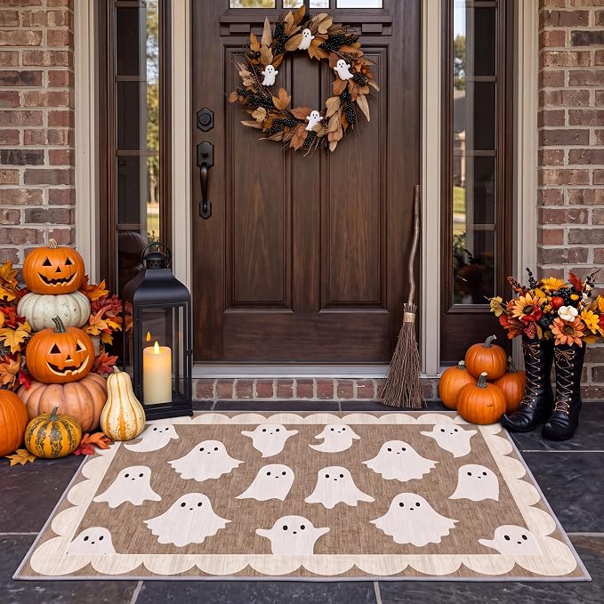 Halloween Ghost Doormat Outdoor, Non Slip Welcome Area Rug 24x35" - skull floor mat