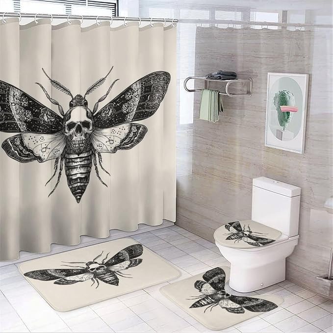 Bathroom Set 4 in 1 Deaths Head Moth Skull Quick Dry Shower Curtain 72'' X 72'', Gothic Horror Insect Pattern Non-Slip Shaped Mat & Toilet Cover & Rugs with 12 Hook - skull toilet mat