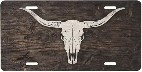 Cattle Skull Rustic Aluminum Front License Plate 6 x 12 Inches - skull plate