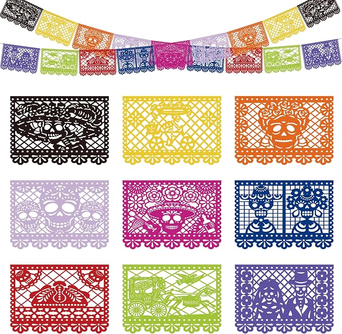 Papel Picado Banner for Dia De Los Muertos, 2 Pcs Mexican Fiesta Party Banners, 18 Large Cutout Panels, Day of the Dead Ofrenda Altar Decor (Day of the Dead) - skull carpet