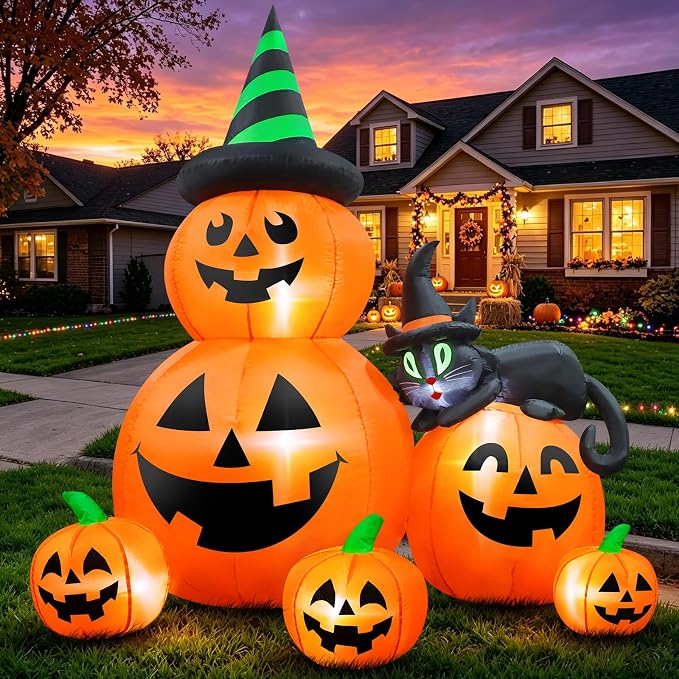 6 FT Halloween Inflatable Pumpkins with Witch’s Black Cat, Spooky Blow up Outdoor Yard Decorations, Built-in Bright LED Lights for Outside Garden Lawn Porch Patio Balcony Holiday Home Party Decor - skull inflatable